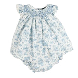 Pepa London Audrey Toile Capped Sleeve Hand Smocked Dress with Bloomers in Blue