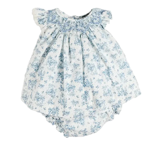 Pepa London Audrey Toile Capped Sleeve Hand Smocked Dress with Bloomers in Blue