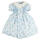 Pepa London Audrey Toile Hand Smocked Ruffle Collar Short Sleeve Dress in Blue