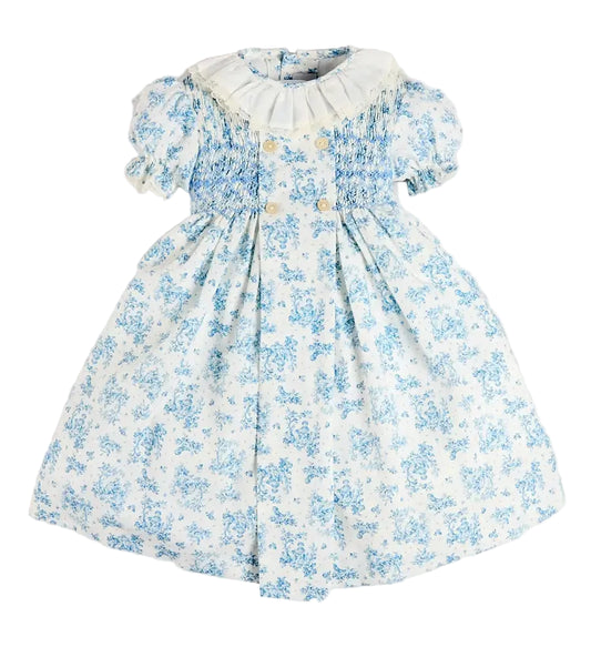 Pepa London Audrey Toile Hand Smocked Ruffle Collar Short Sleeve Dress in Blue