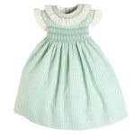 Pepa London Wimbledon Stripe Hand Smocked Frill Collar Cap Sleeve Dress in Green