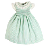 Pepa London Wimbledon Stripe Hand Smocked Frill Collar Cap Sleeve Dress in Green