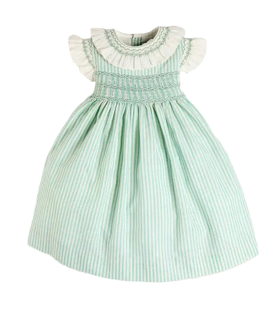 Pepa London Wimbledon Stripe Hand Smocked Frill Collar Cap Sleeve Dress in Green
