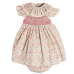 Pepa London Adelaide Floral Hand Smocked Ruffle Collar Cap Sleeve Dress With Bloomers in Pink
