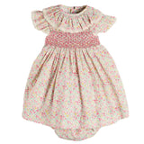Pepa London Adelaide Floral Hand Smocked Ruffle Collar Cap Sleeve Dress With Bloomers in Pink