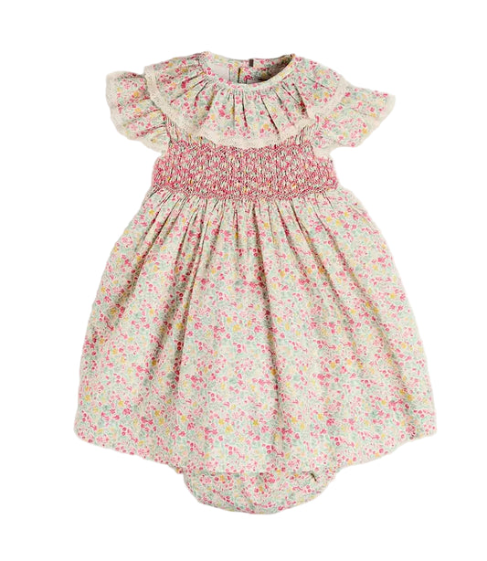 Pepa London Adelaide Floral Hand Smocked Ruffle Collar Cap Sleeve Dress With Bloomers in Pink