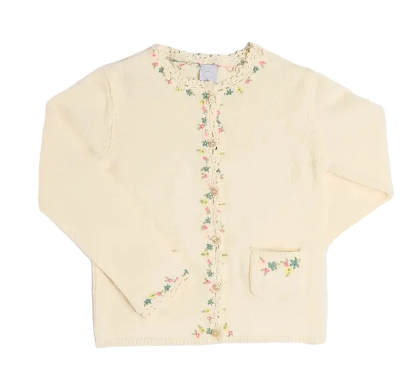 Pepa London Wildflower Embroidered Openwork Detail Cotton Cardigan in Cream