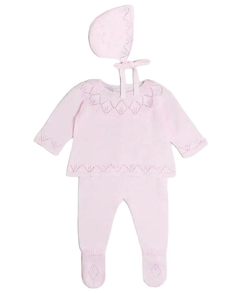 Diamond Openwork Three Piece Knitted Set in Baby Pink