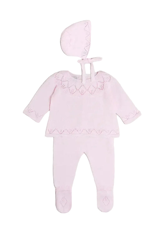 Diamond Openwork Three Piece Knitted Set in Baby Pink