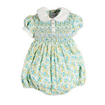 Pepa London Louisa Floral Hand Smocked Short Sleeve Romper in Blue