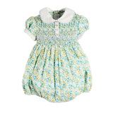 Pepa London Louisa Floral Hand Smocked Short Sleeve Romper in Blue