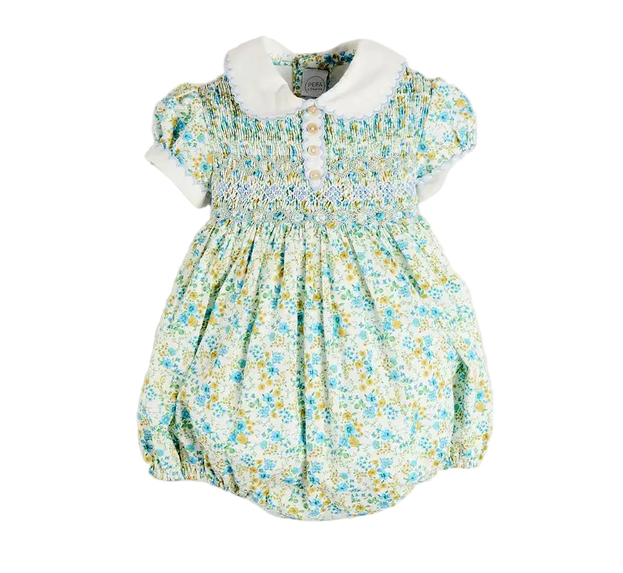 Pepa London Louisa Floral Hand Smocked Short Sleeve Romper in Blue