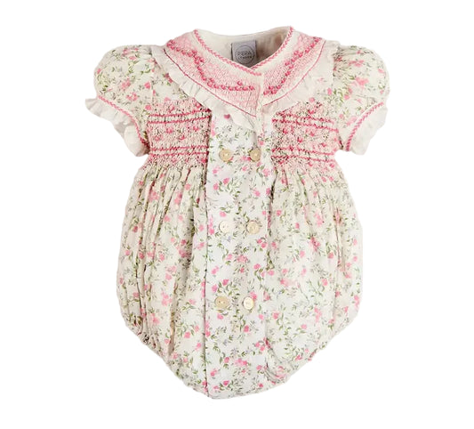 Pepa London Alice Floral Double Breasted Hand Smocked Romper in Pink