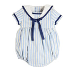 Pepa London Regency Stripe Mariner Collar Bow Detail Romper in Blue