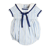 Pepa London Regency Stripe Mariner Collar Bow Detail Romper in Blue
