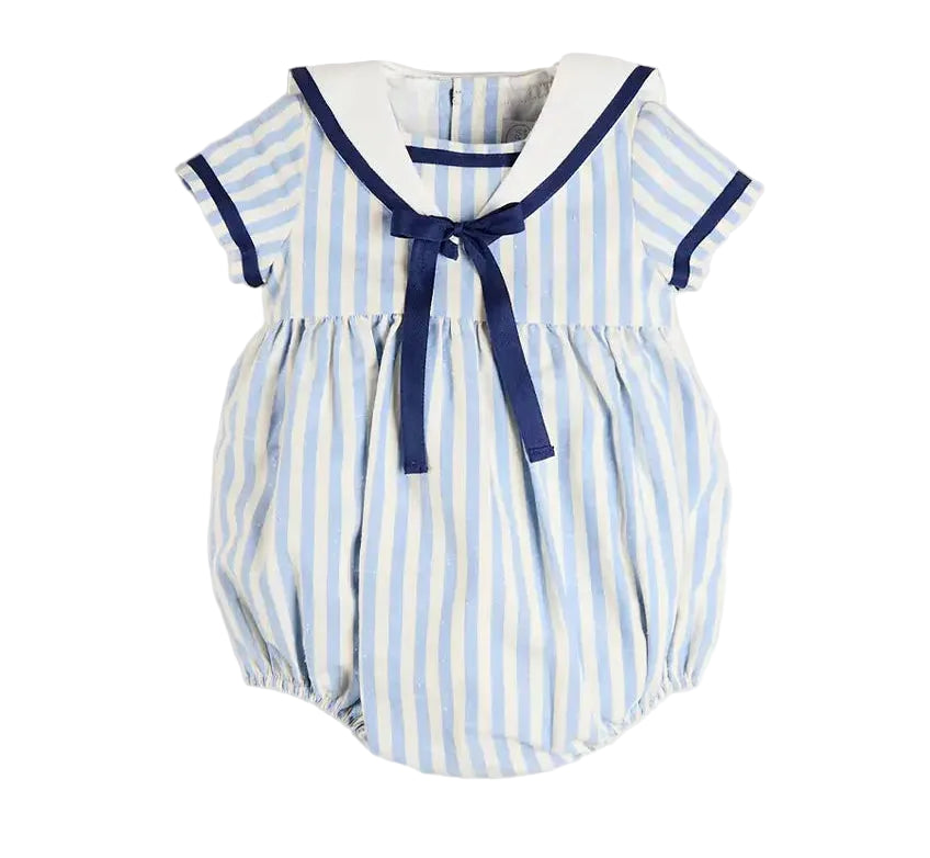 Pepa London Regency Stripe Mariner Collar Bow Detail Romper in Blue