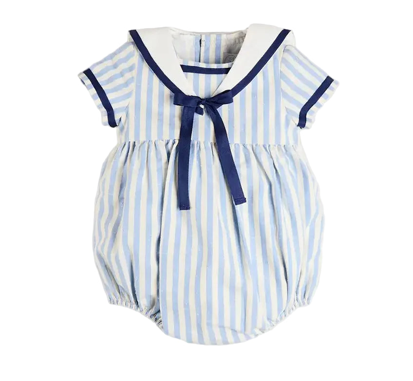 Pepa London Regency Stripe Mariner Collar Bow Detail Romper in Blue