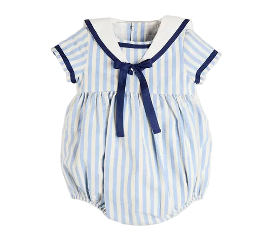 Pepa London Regency Stripe Mariner Collar Bow Detail Romper in Blue