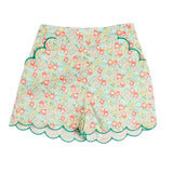 Pepa London Mabel Floral Scallop Edge High Waisted Shorts in Green