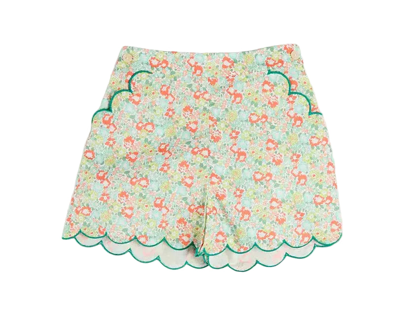 Pepa London Mabel Floral Scallop Edge High Waisted Shorts in Green