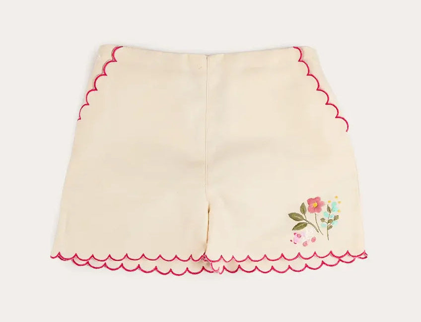 Pepa London Wildflower Embroidered Scallop Edge Shorts in Cream