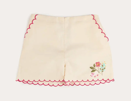 Pepa London Wildflower Embroidered Scallop Edge Shorts in Cream