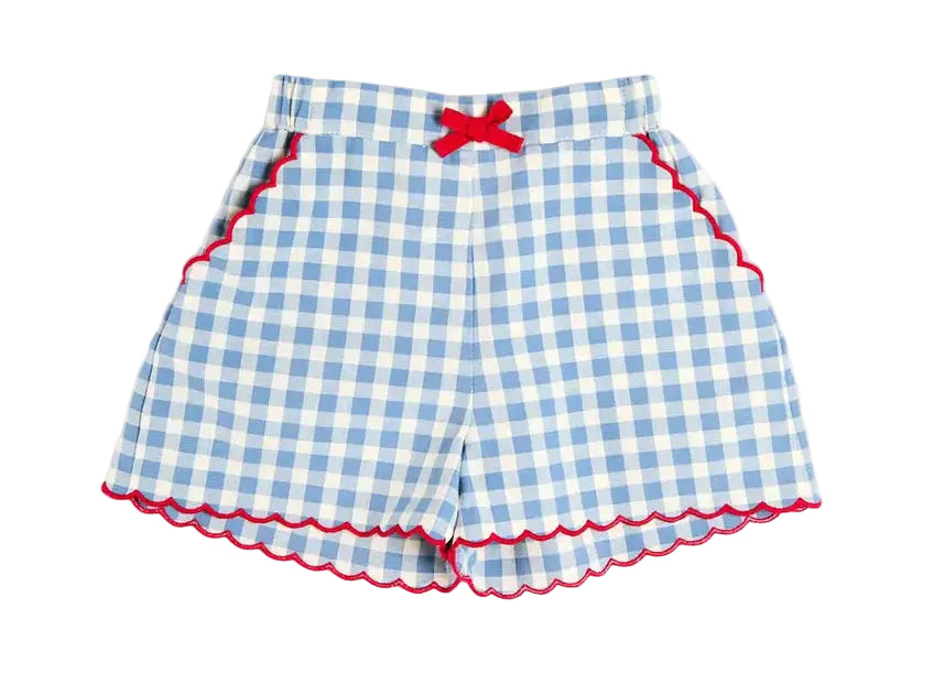 Pepa London Darby Gingham Scallop Edge Bow Detail Shorts in Blue