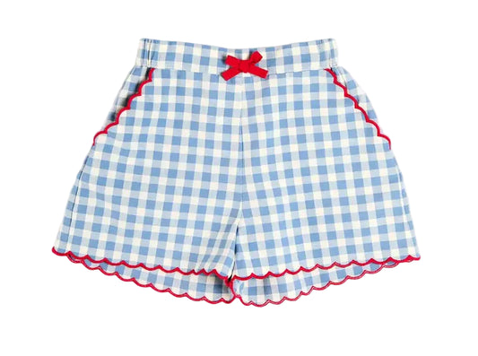 Pepa London Darby Gingham Scallop Edge Bow Detail Shorts in Blue