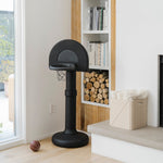 Black basketball hoop in a modern living room with a fireplace and bookshelf.