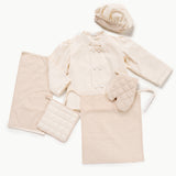 Chef clothing set with coat, hat, mittens, and blanket on a white background