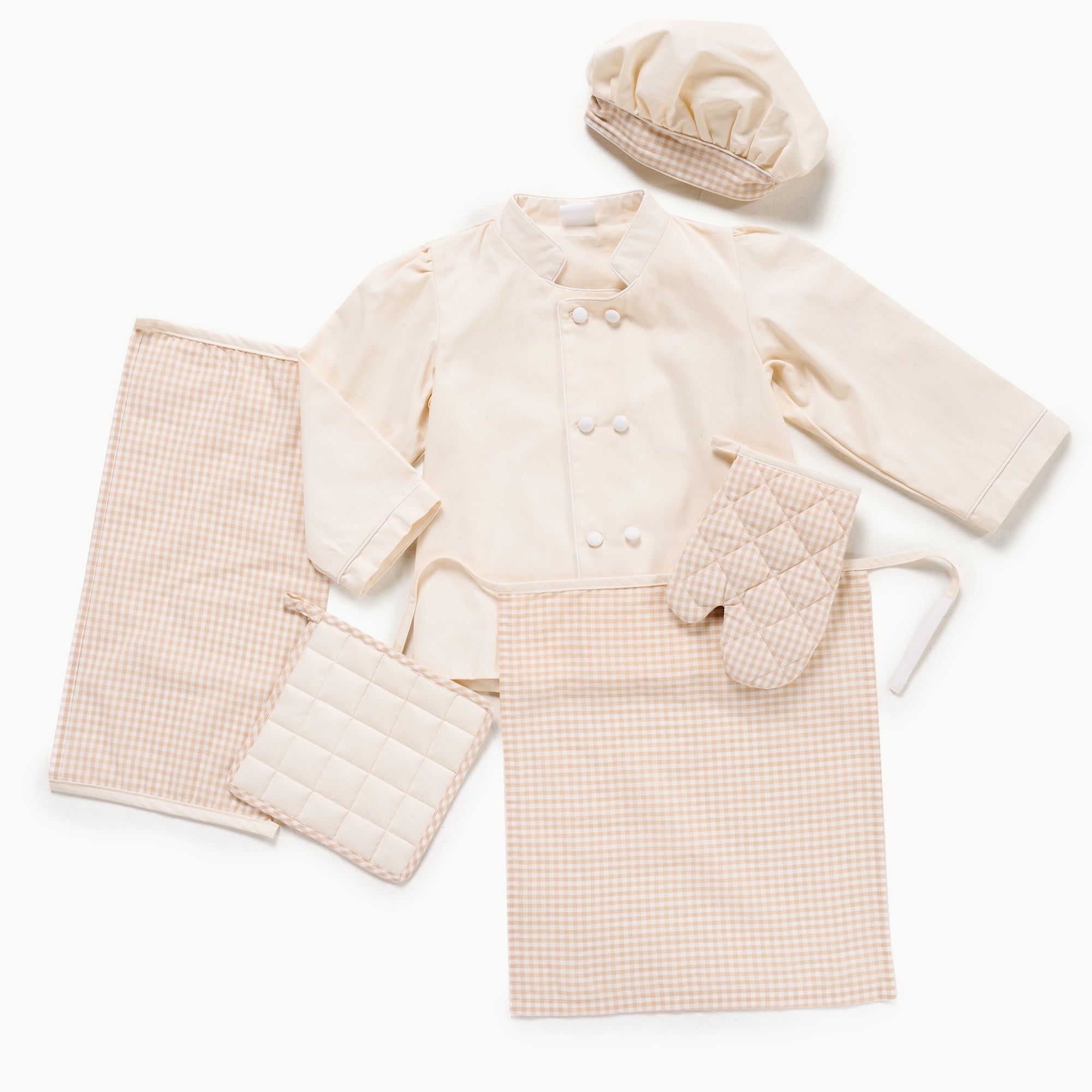 Chef clothing set with coat, hat, mittens, and blanket on a white background