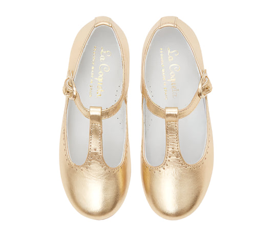 La Coqueta Gold Leather Girl T-Bar Shoes