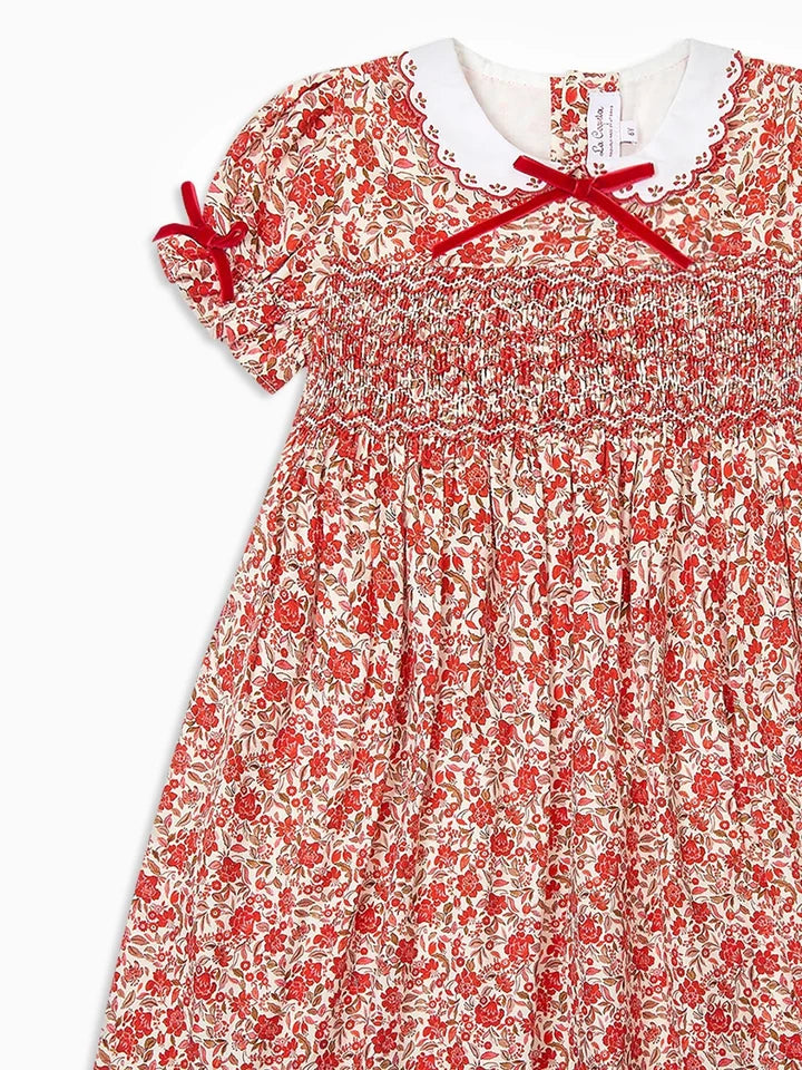 La Coqueta Red Floral Gisela Girl Hand-Smocked Dress