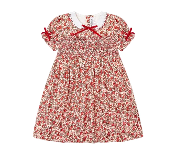 La Coqueta Red Floral Gisela Girl Hand-Smocked Dress