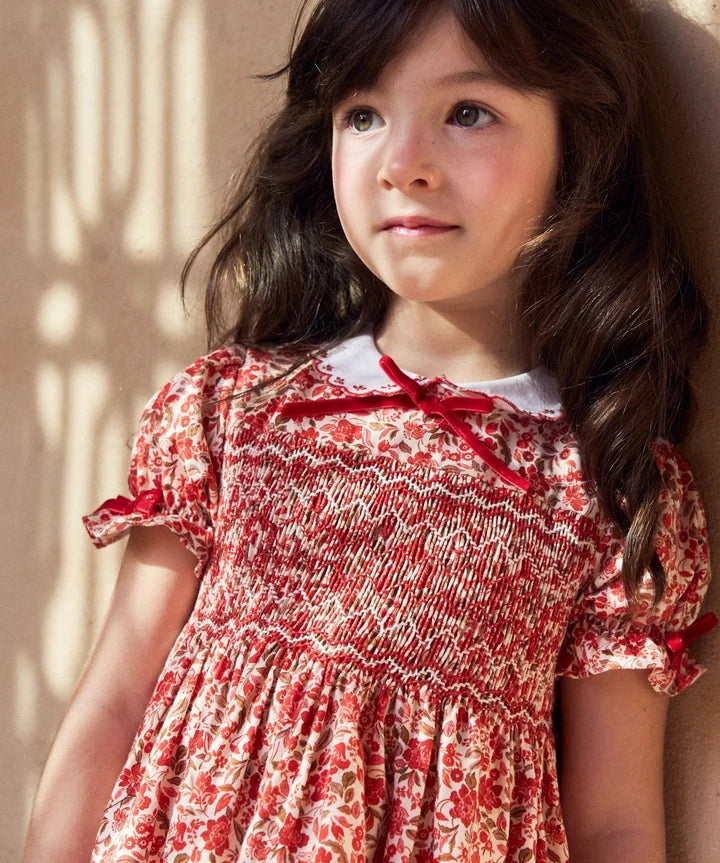 La Coqueta Red Floral Gisela Girl Hand-Smocked Dress