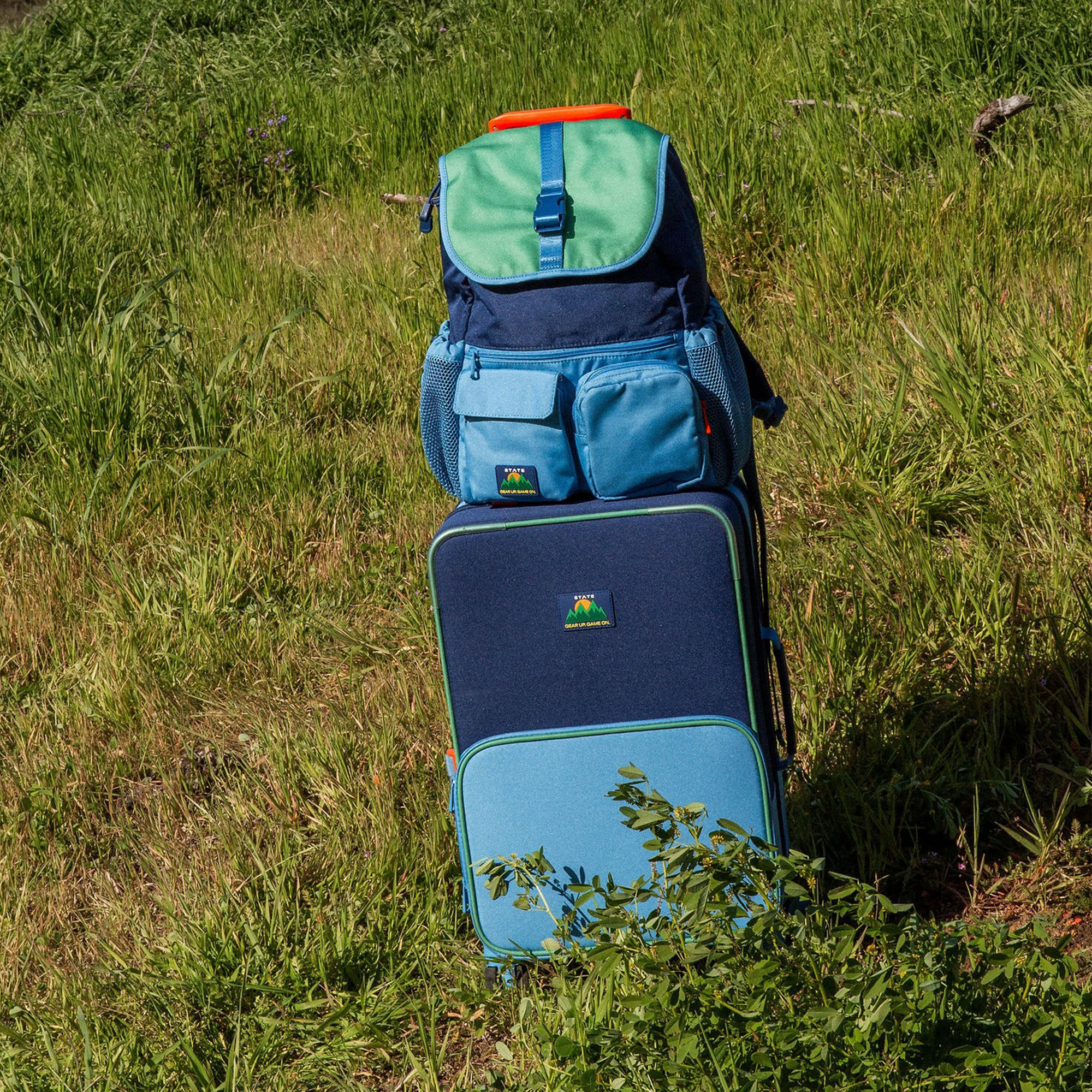 Blue and green backpack and suitcase on grass