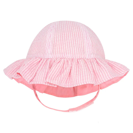 Wee Ones Reversible Ruffle Brim Seersucker Sun Hat - Pink