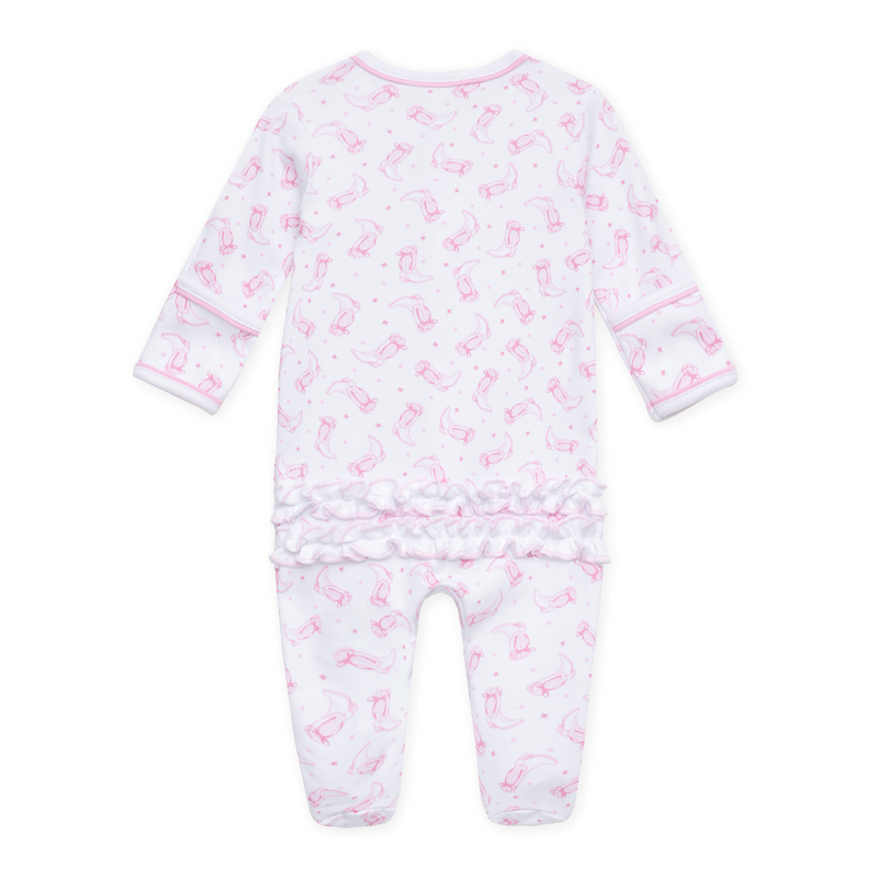 Magnolia Baby Darling Cowboy Boots Printed Ruffle Footie- Pink