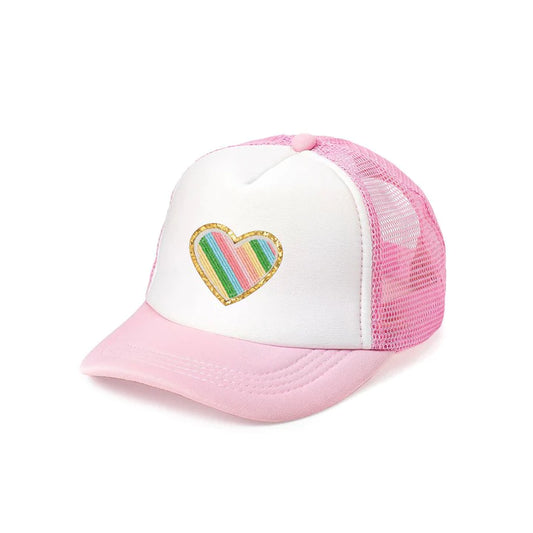 Sweet Wink Rainbow Heart Patch Trucker Hat - Pink/White