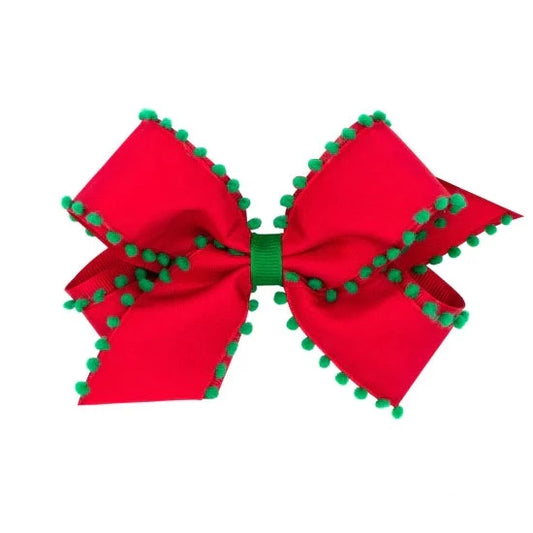 Wee Ones Medium Holiday Pom-Pom Edge Grosgrain Overlay Bow- Red With Green