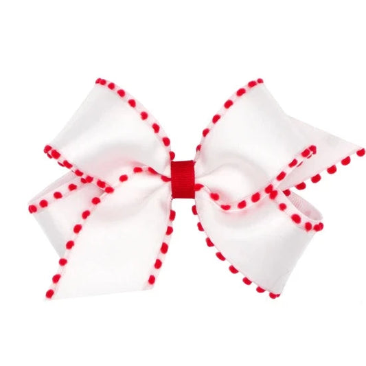 Wee Ones Medium Holiday Pom-Pom Edge Grosgrain Overlay Bow- White With Red