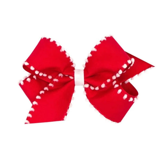 Wee Ones Medium Holiday Pom-Pom Edge Grosgrain Overlay Bow- Red With White