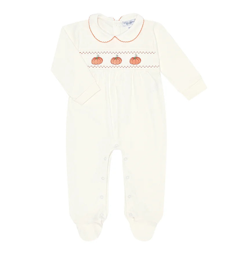 Nellapima Ivory Pumpkin Patch Embroidered Footie