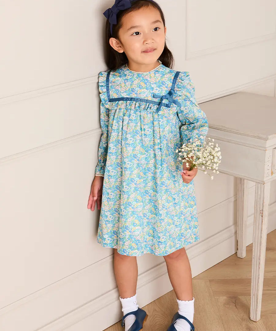 Pepa London Leontyne Floral Bow Detail Long Sleeve Trapeze Dress in Blue Made with Liberty Fabric