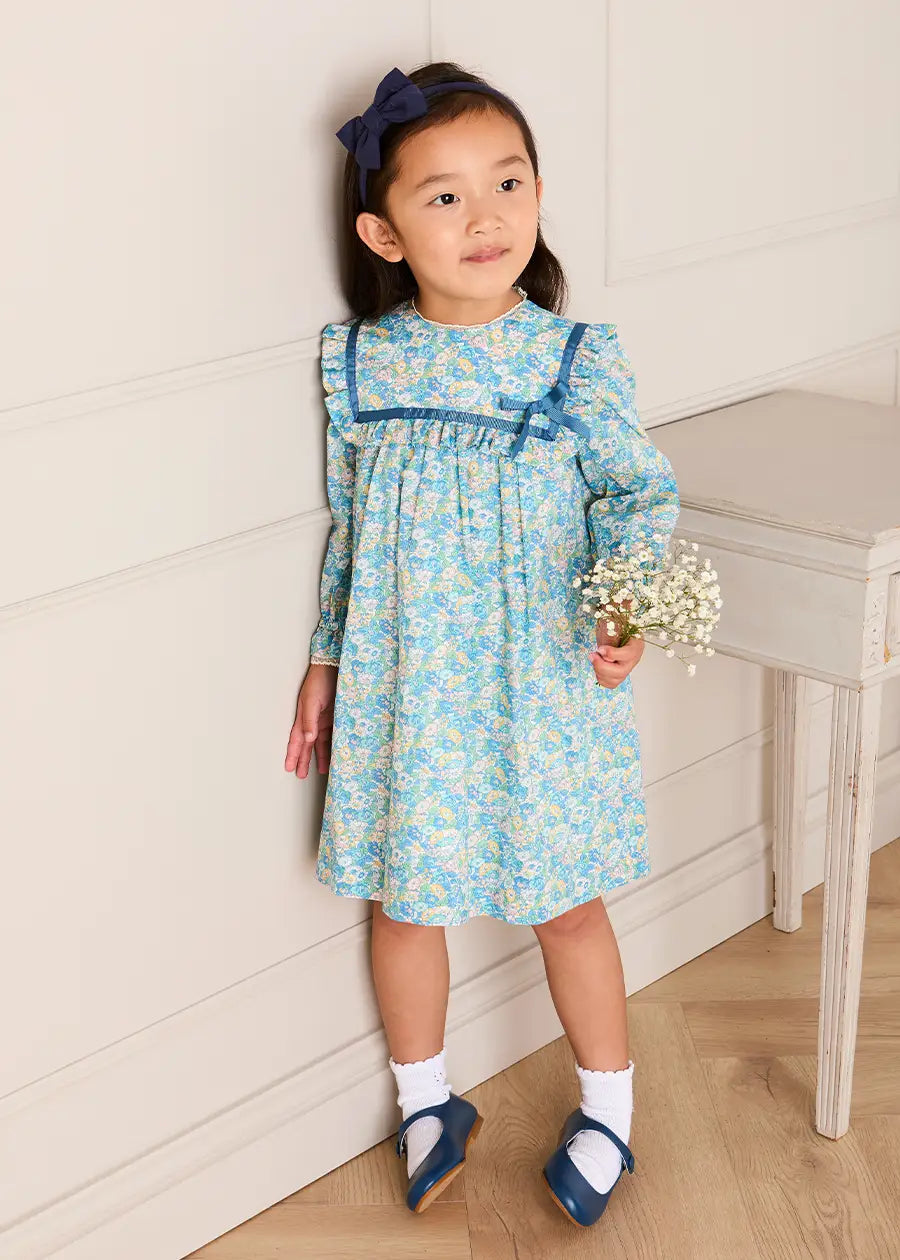 Pepa London Leontyne Floral Bow Detail Long Sleeve Trapeze Dress in Blue Made with Liberty Fabric