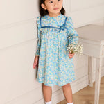 Pepa London Leontyne Floral Bow Detail Long Sleeve Trapeze Dress in Blue Made with Liberty Fabric