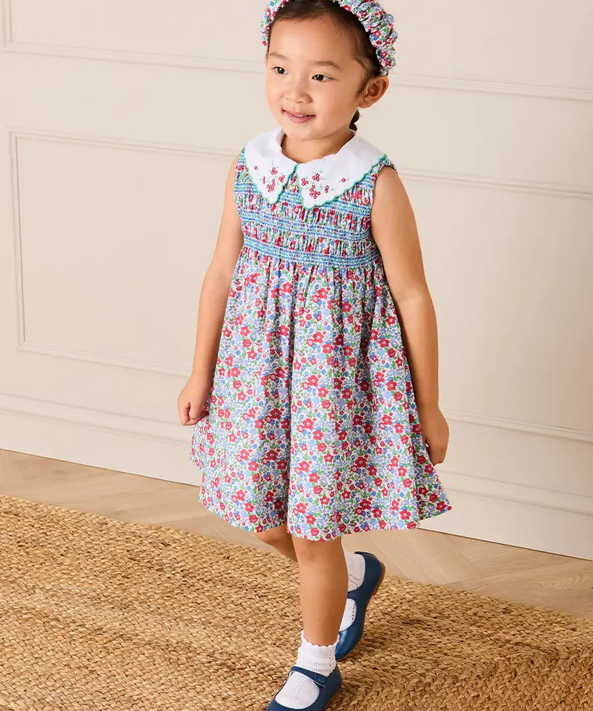 Emilia Floral Embroidered Collar Sleeveless Dress in Red