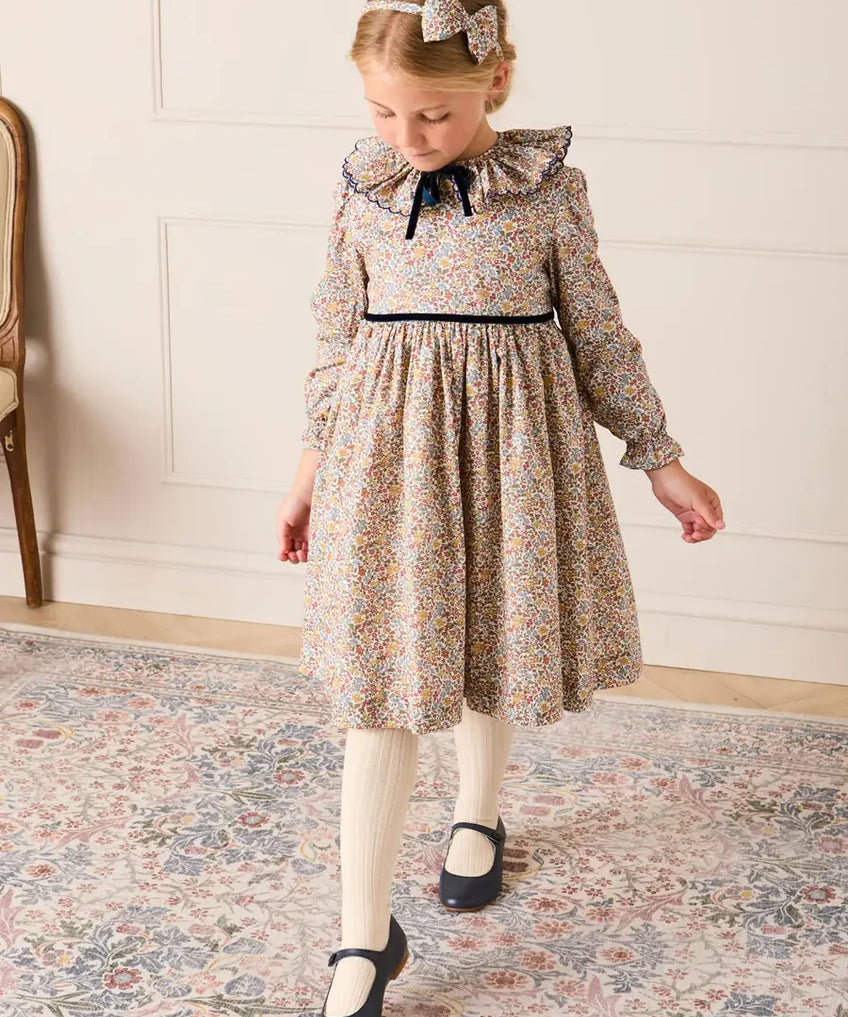 Marianne Floral Long Sleeve Velvet Bow Dress in Toffee Made with Liberty Fabric