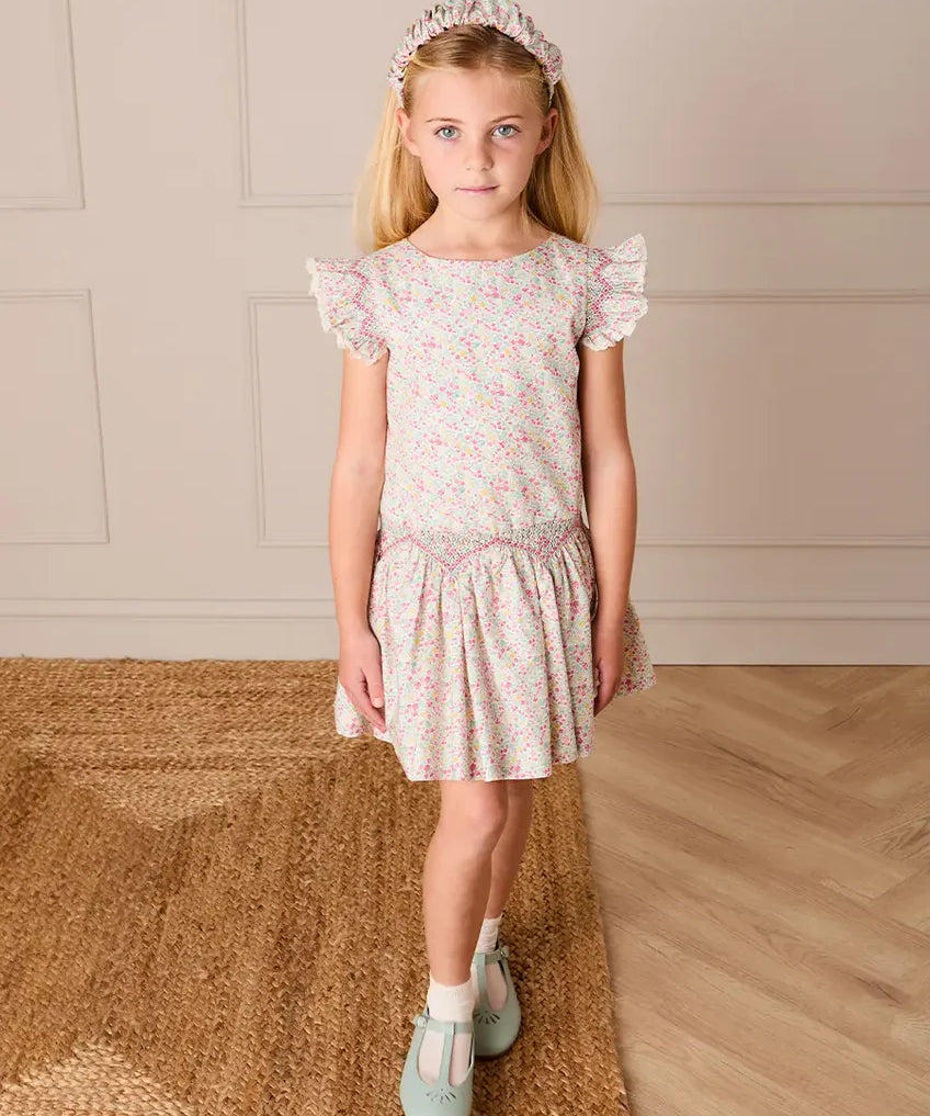 Adelaide Floral Smocked Cap Sleeve Drop Waist Dress in Pink