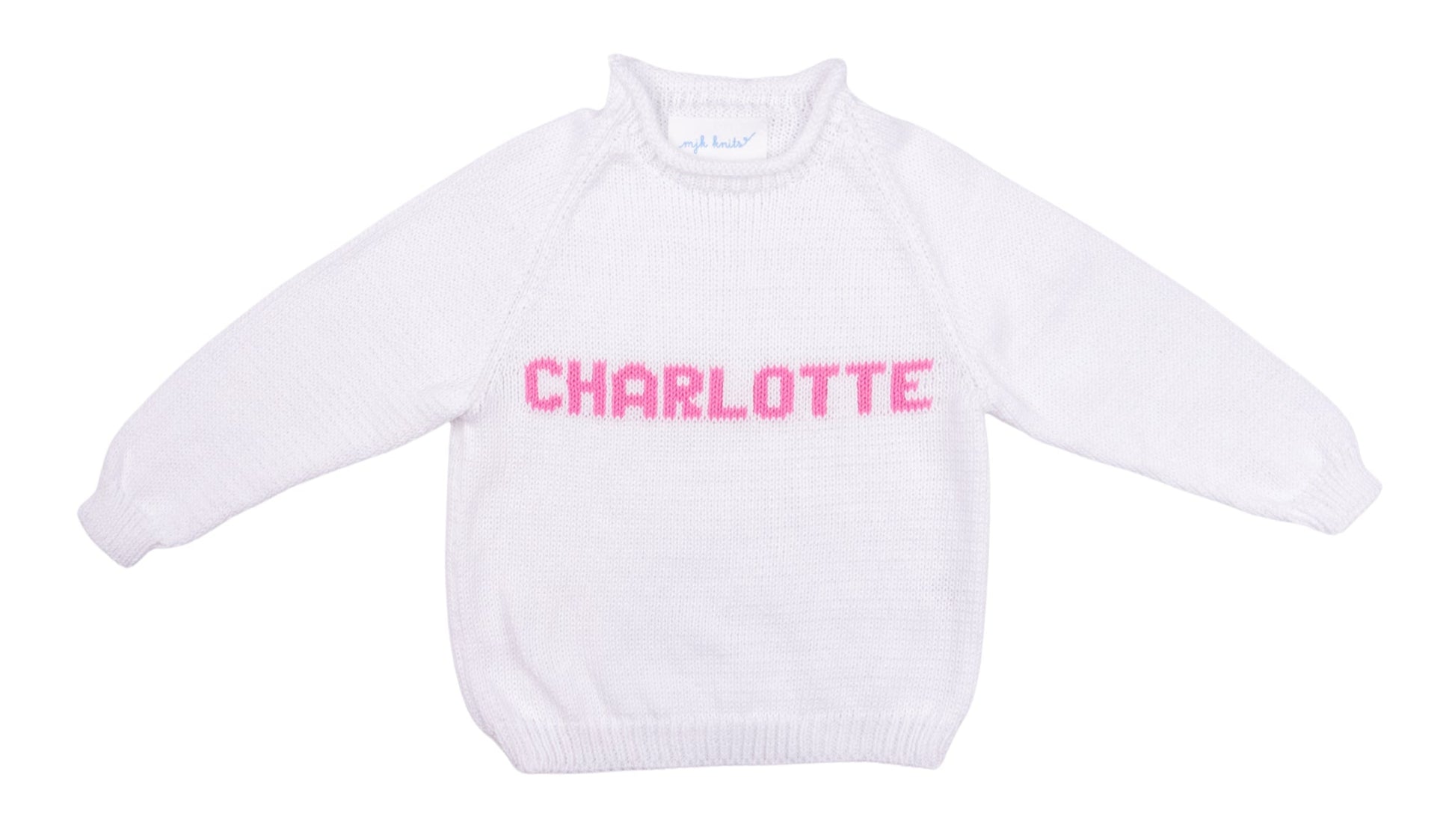 MJK Knits Name Sweater - White and Bright Pink